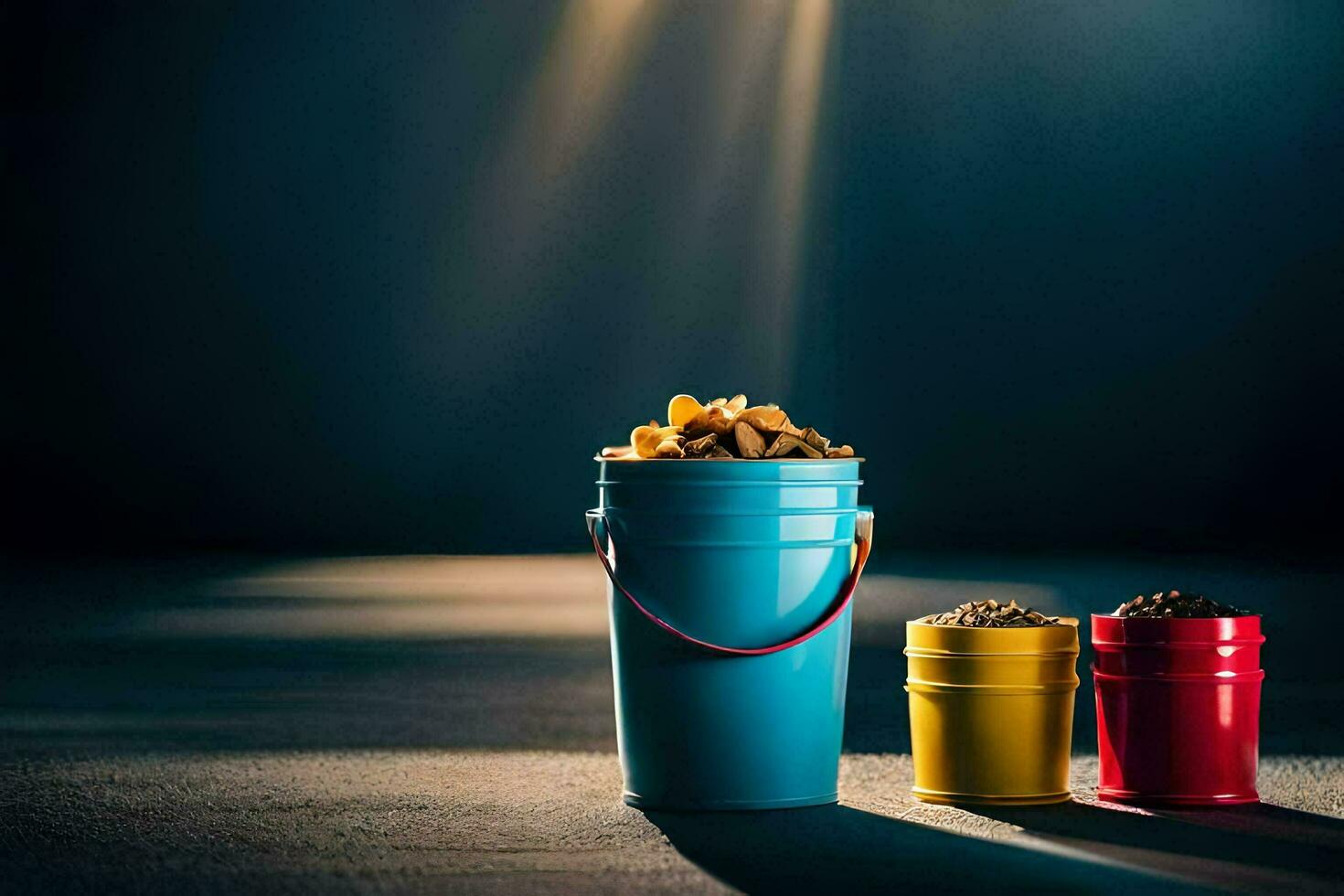 three buckets of food sitting on a table. AI-Generated photo