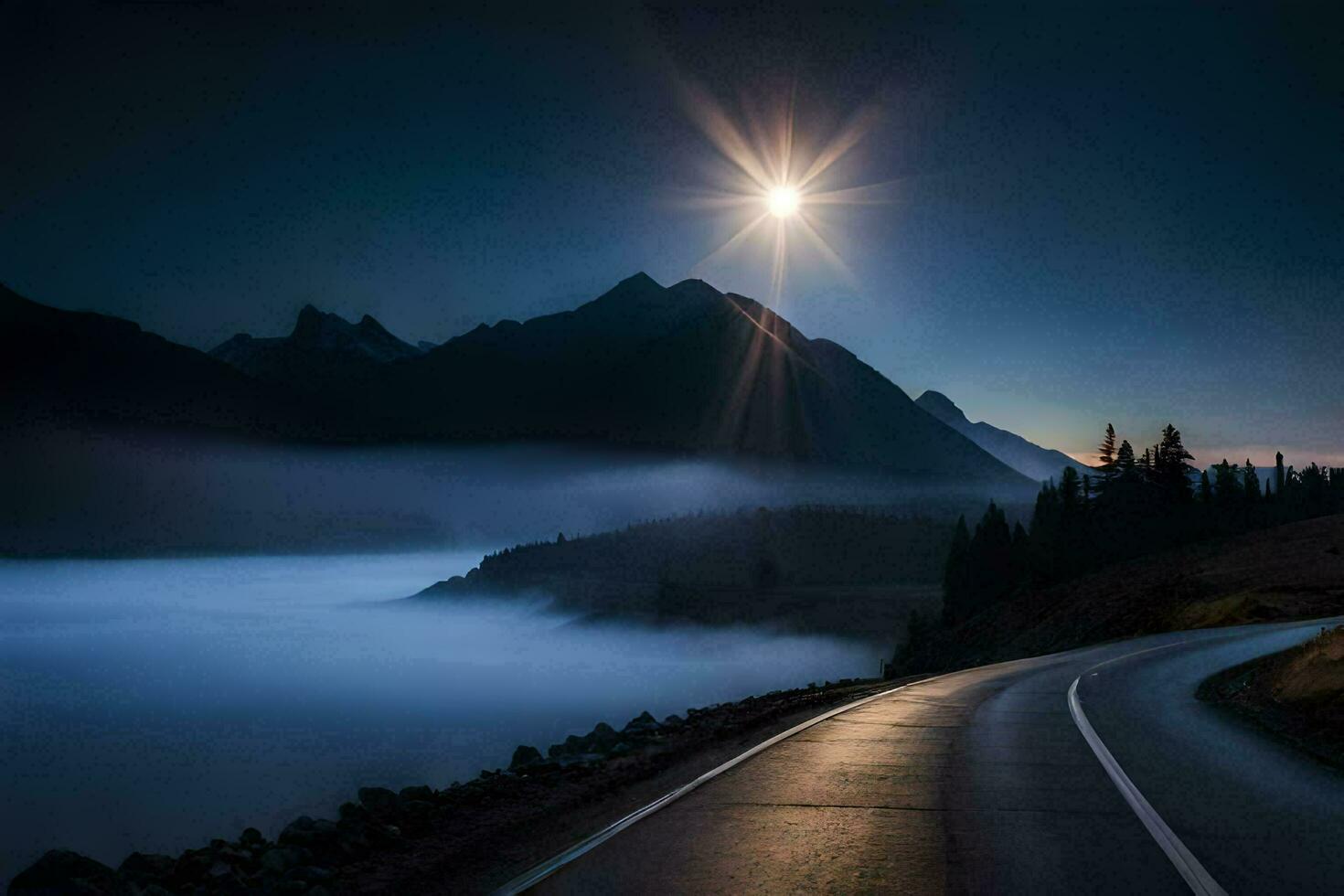 a road in the mountains with a moon shining over it. AI-Generated photo