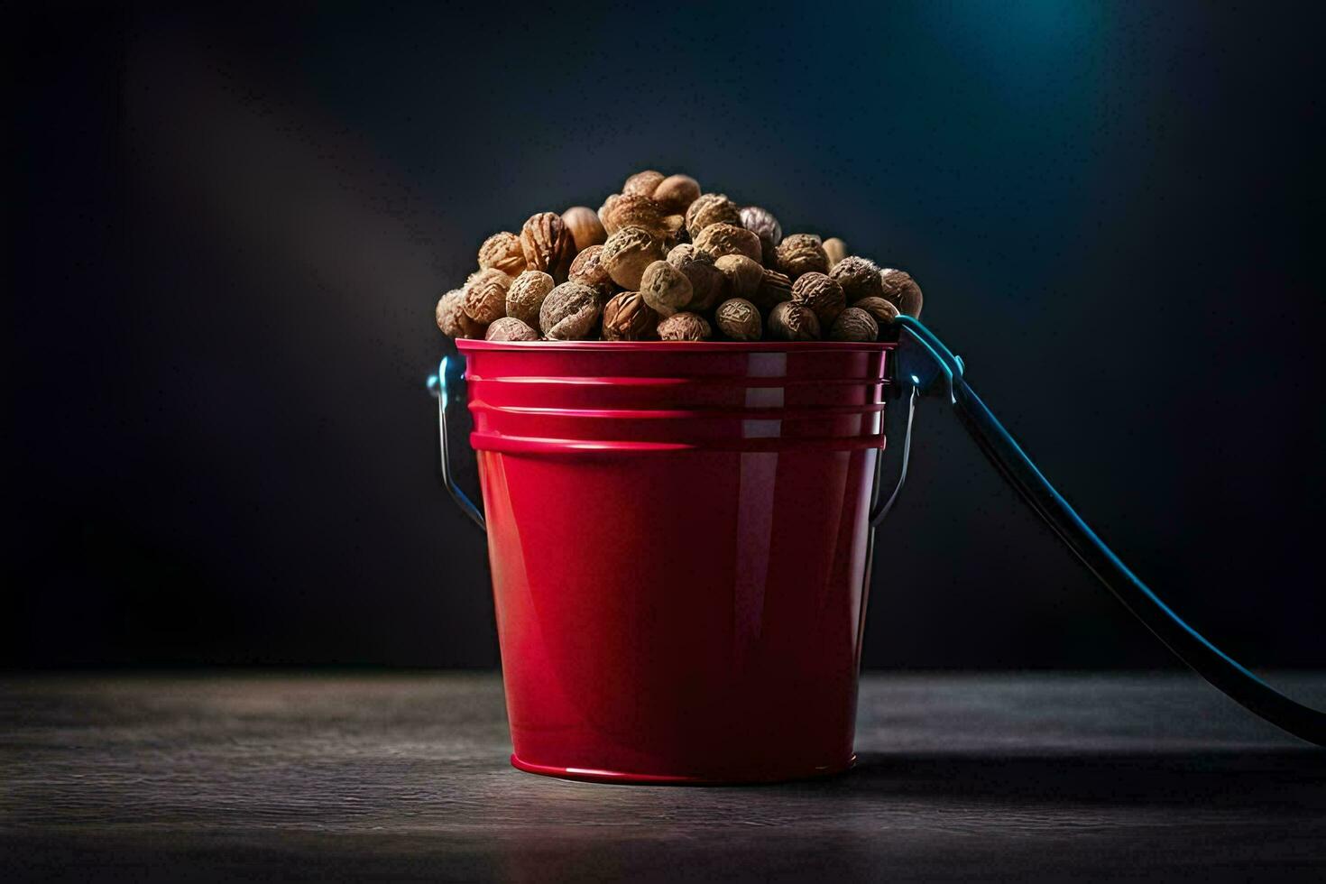a red bucket filled with nuts on a table. AI-Generated photo