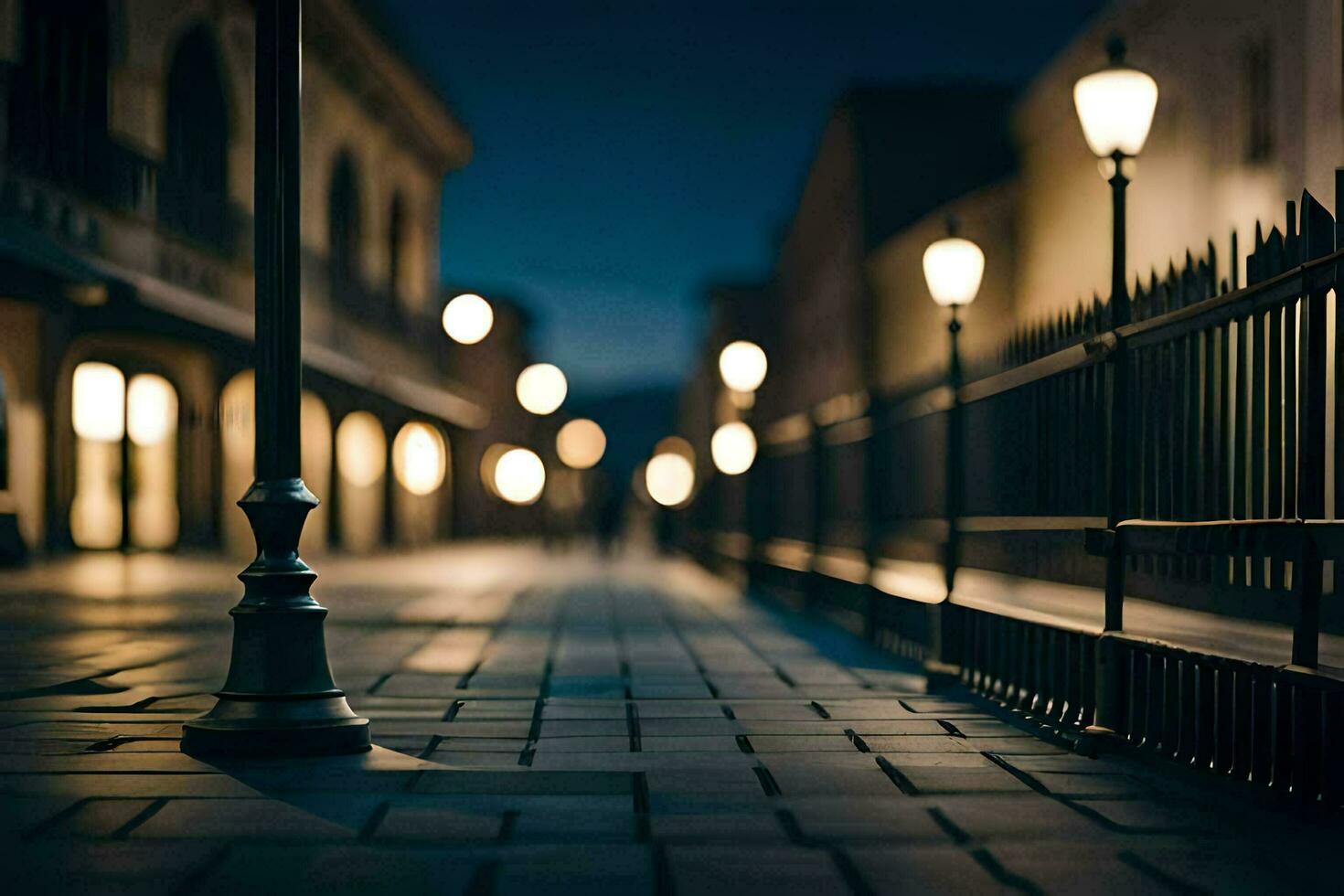 a street with lights on it at night. AI-Generated photo