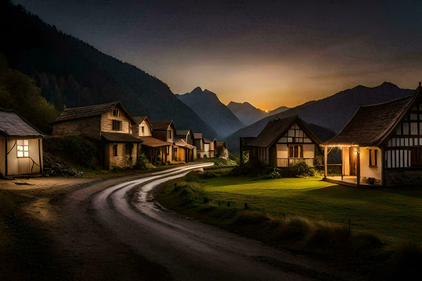 photo wallpaper the sky, mountains, road, houses, the dark, the night, the mountains. AI-Generated