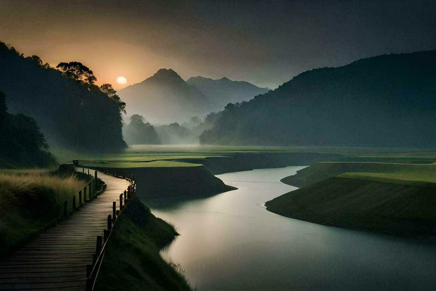 a wooden walkway leads to a river and mountains. AI-Generated photo