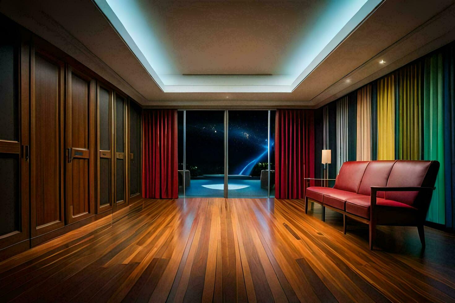 a room with a red couch and wooden flooring. AI-Generated photo