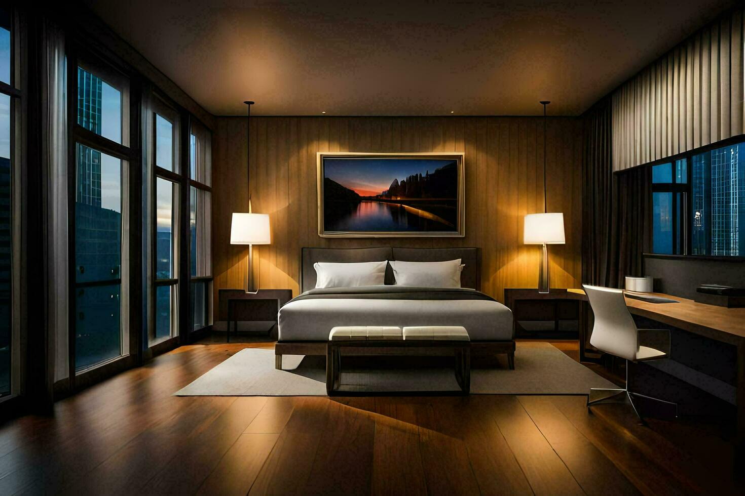 a bedroom with a large bed and a painting on the wall. AI-Generated photo