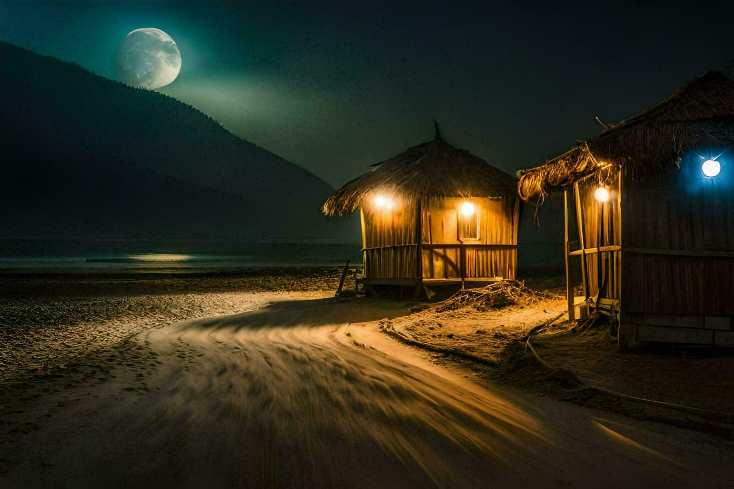 foto fondo de pantalla el luna, playa, noche, playa, playa cabañas, playa, luna,. generado por ai