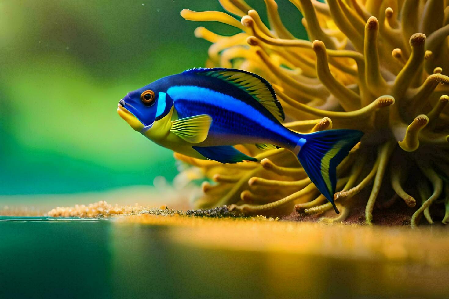 a blue and yellow fish swimming in the ocean. AI-Generated photo