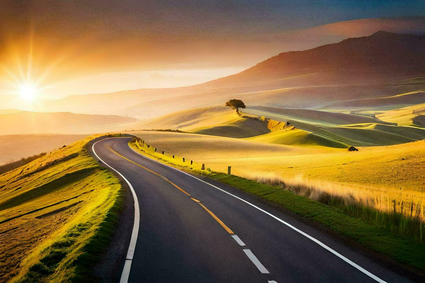the road to the sunset. AI-Generated photo