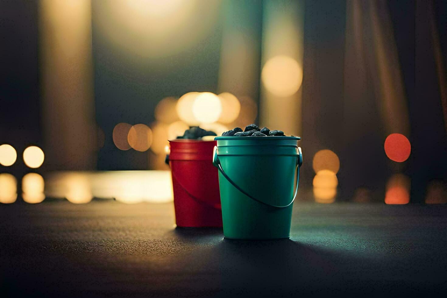 two buckets of water sit on a table in front of a city skyline. AI