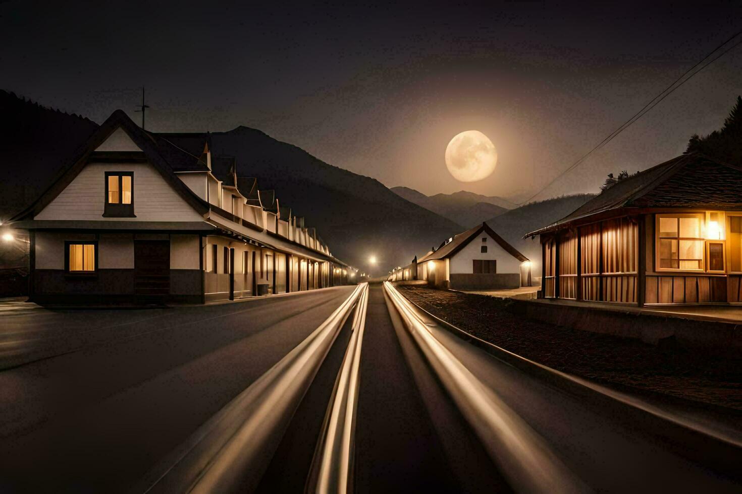 a train tracks at night with a full moon. AI-Generated photo