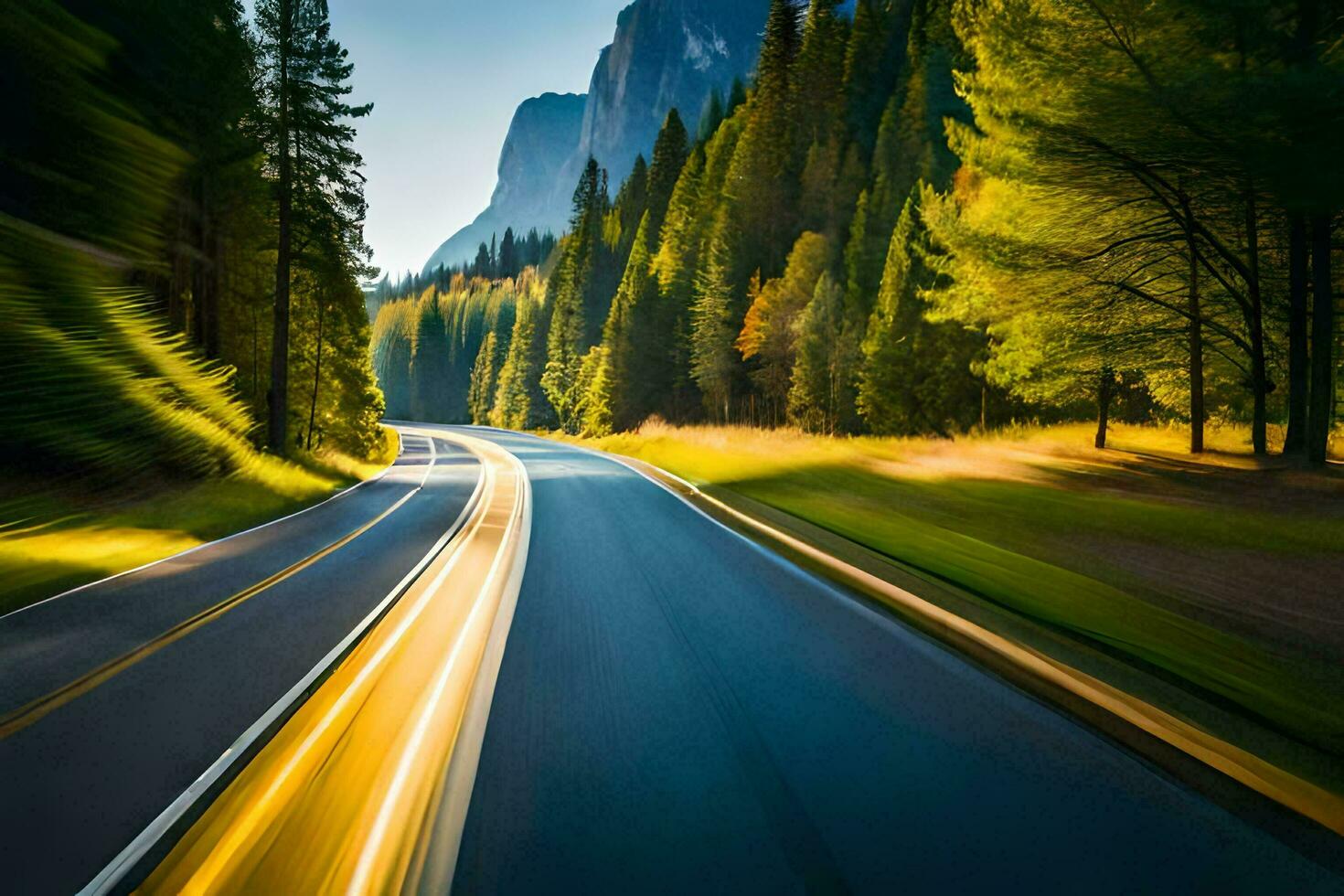 un coche conducción en un la carretera en el montañas. generado por ai foto