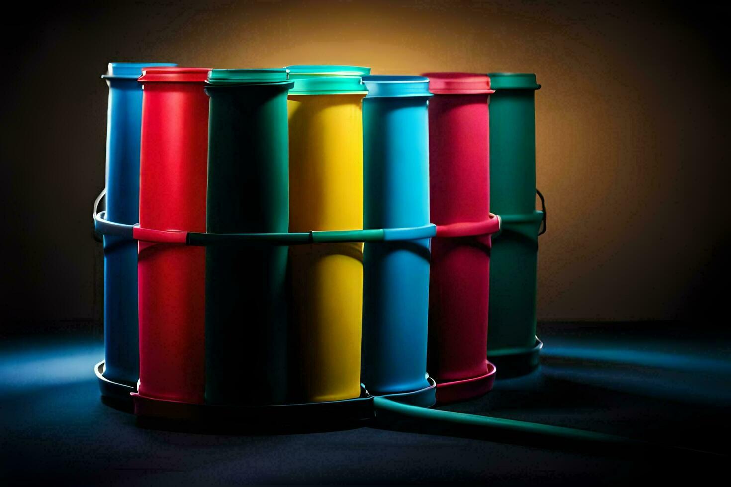 a colorful stack of tubes on a dark background. AI-Generated photo