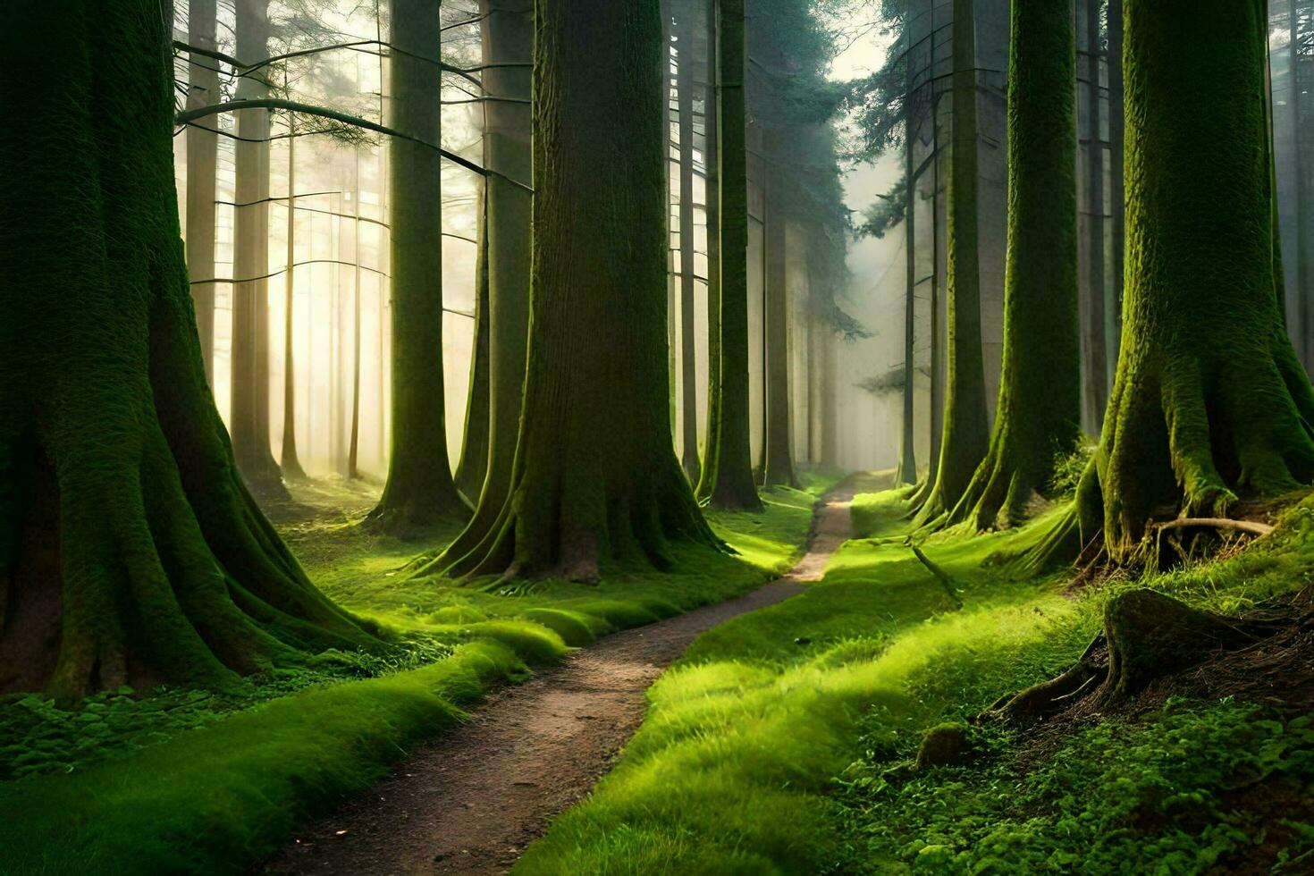 a path through a forest with tall trees. AI-Generated photo
