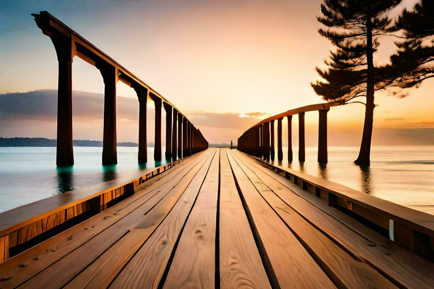 a wooden pier stretches out into the ocean at sunset. AI-Generated photo