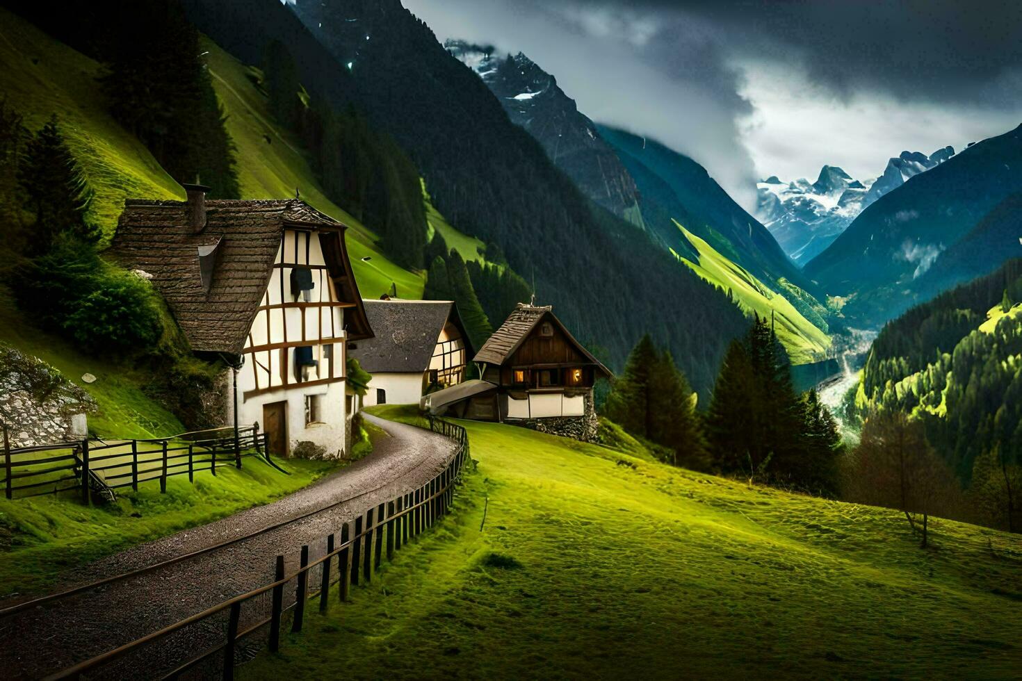 photo wallpaper the sky, mountains, house, road, mountains, house, road, mountains,. AI-Generated