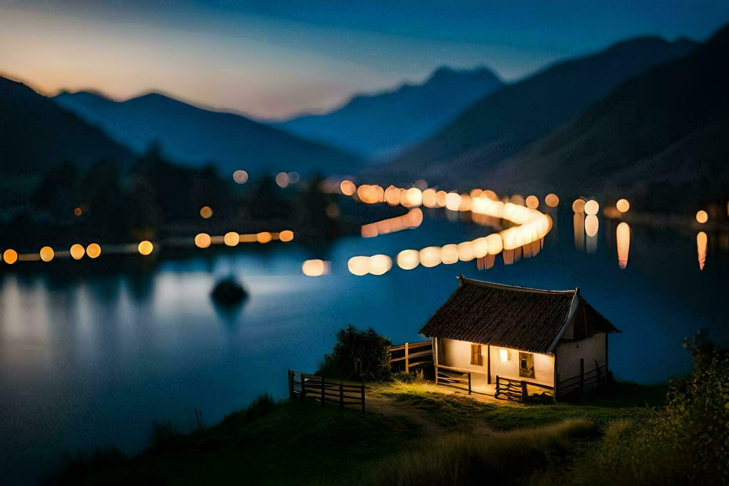 un pequeño casa se sienta en el borde de un lago a noche. generado por ai foto