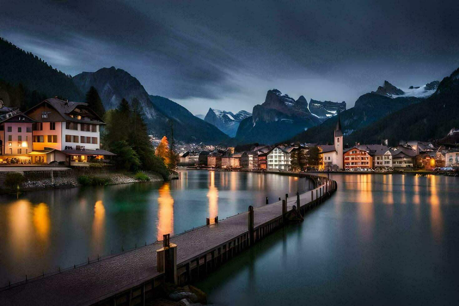 foto fondo de pantalla el cielo, montañas, lago, ciudad, noche, el ciudad, el lago,. generado por ai