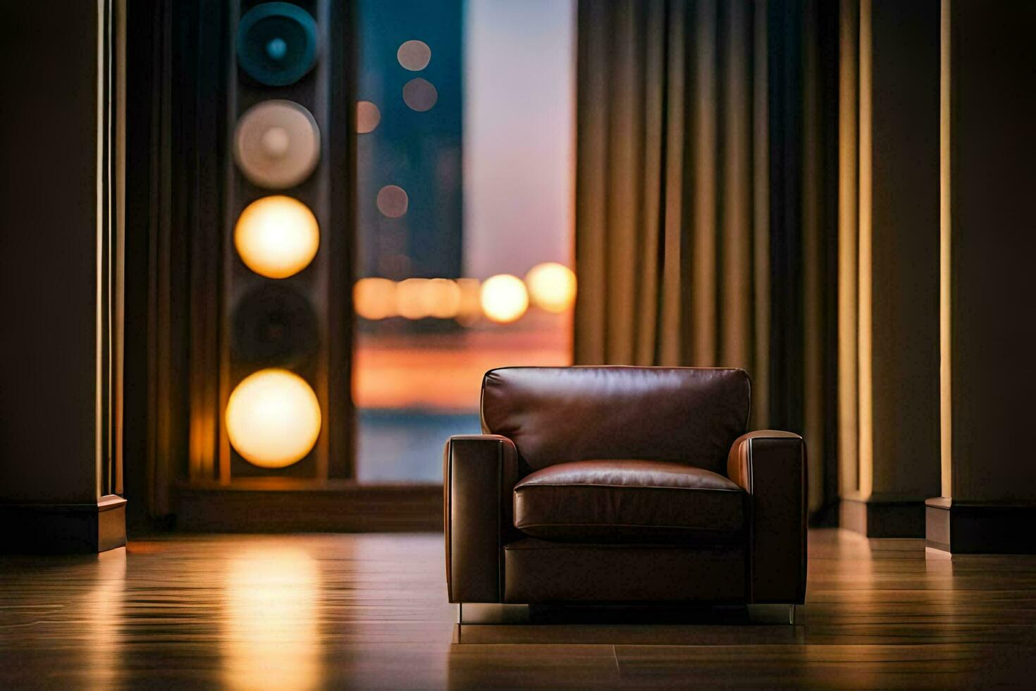 a chair in front of a window with city lights. AI-Generated photo