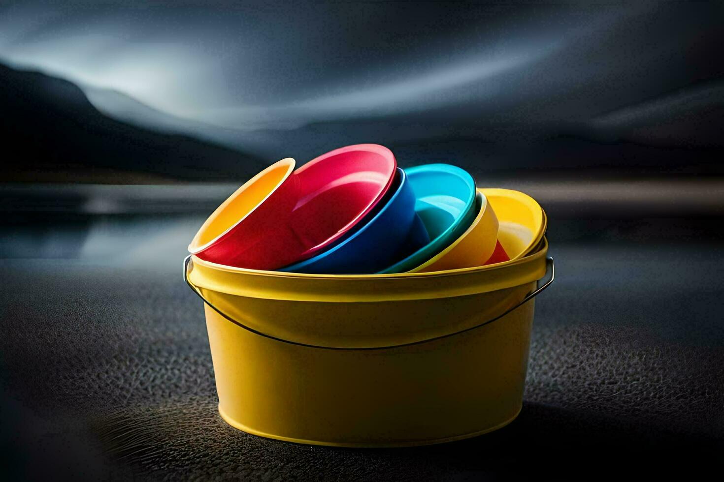 a bucket of colorful plastic cups sitting on a table. AI-Generated photo