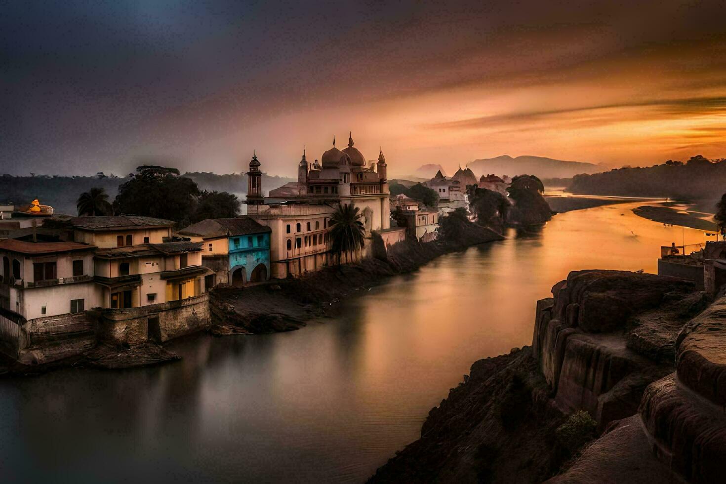 the sun sets over a river in india. AI-Generated photo