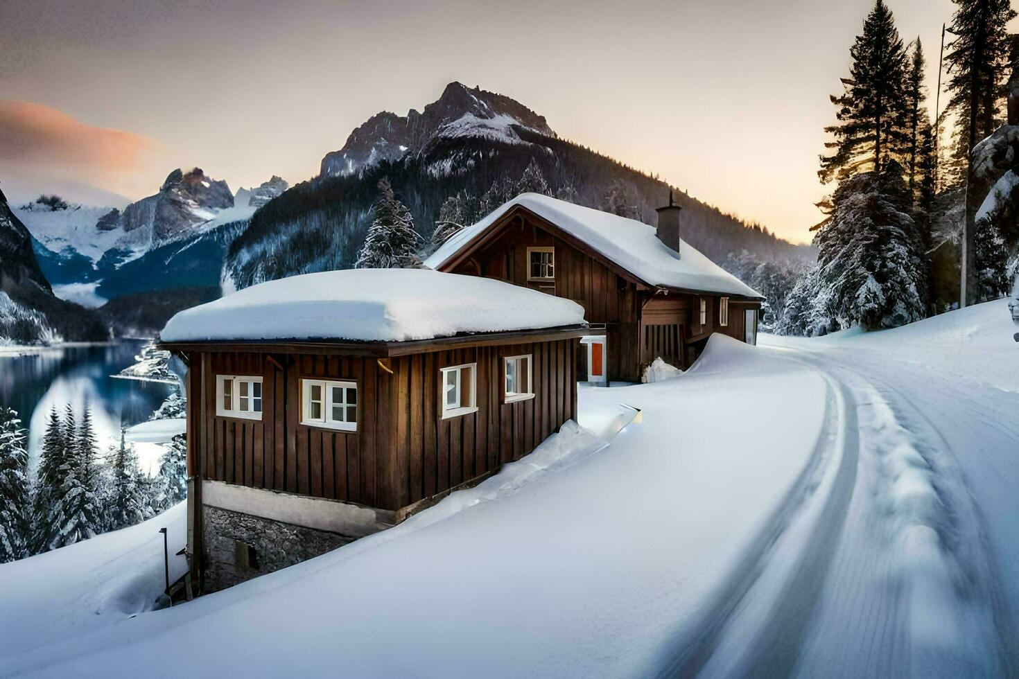 a cabin in the snow with a lake and mountains in the background. AI-Generated photo