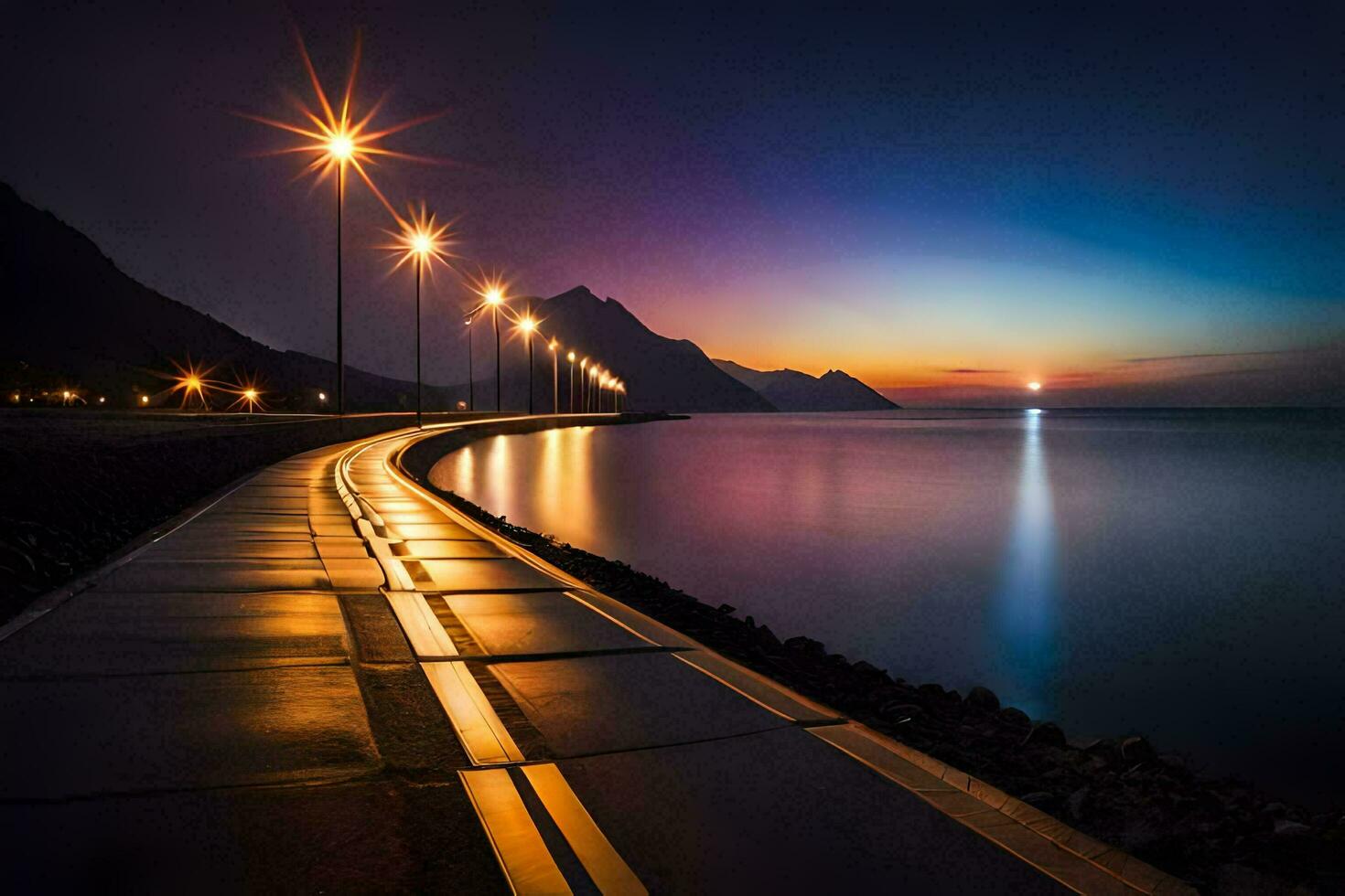 a long walkway along the water with lights at night. AI-Generated photo