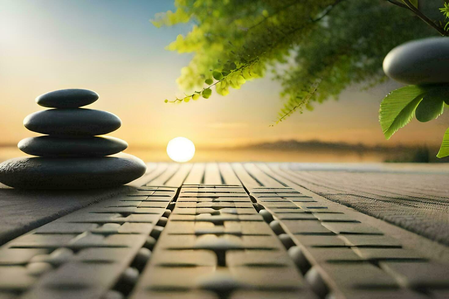 zen stones on a wooden floor with the sun setting. AI-Generated photo