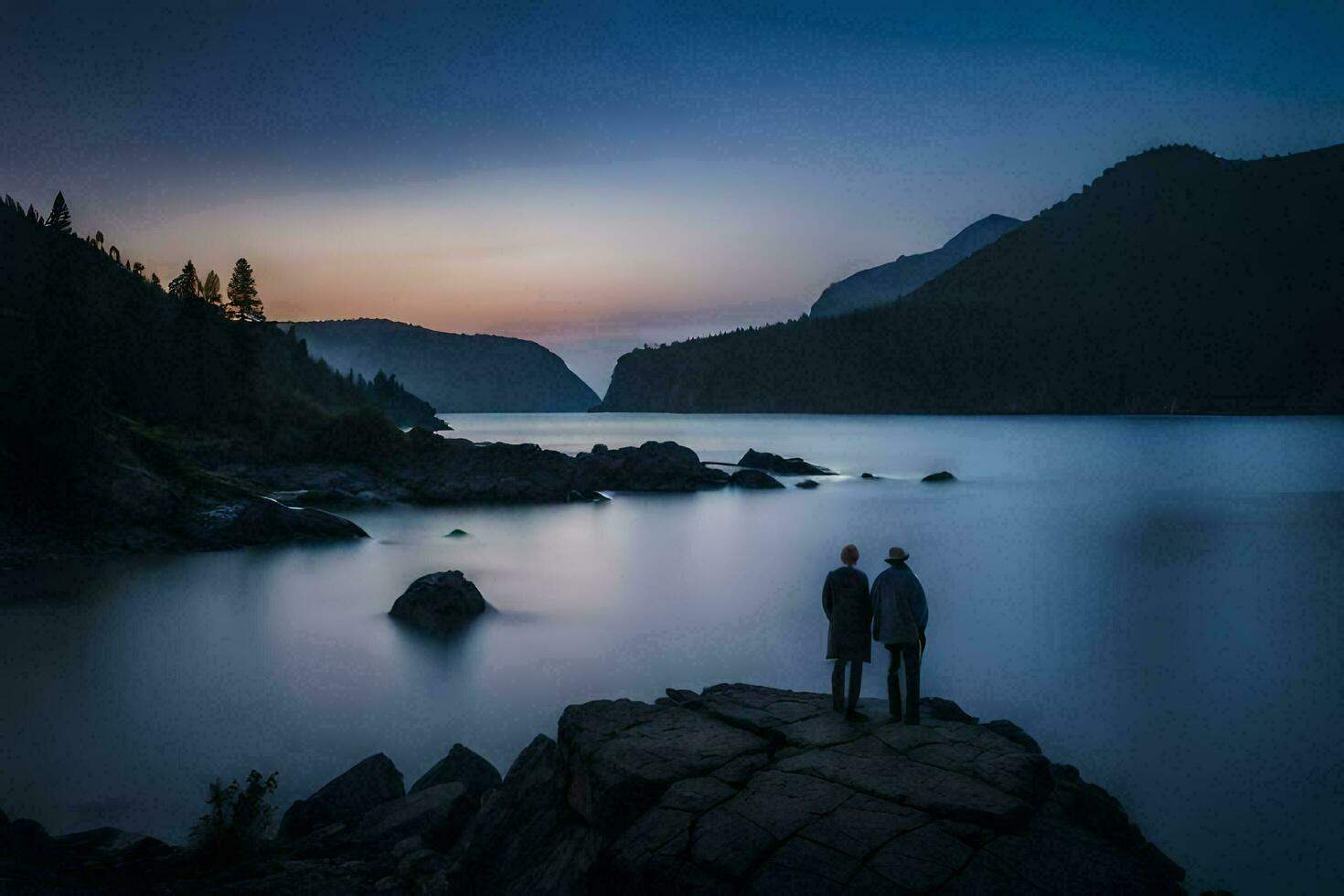 two people stand on rocks overlooking a lake at sunset. AI-Generated photo