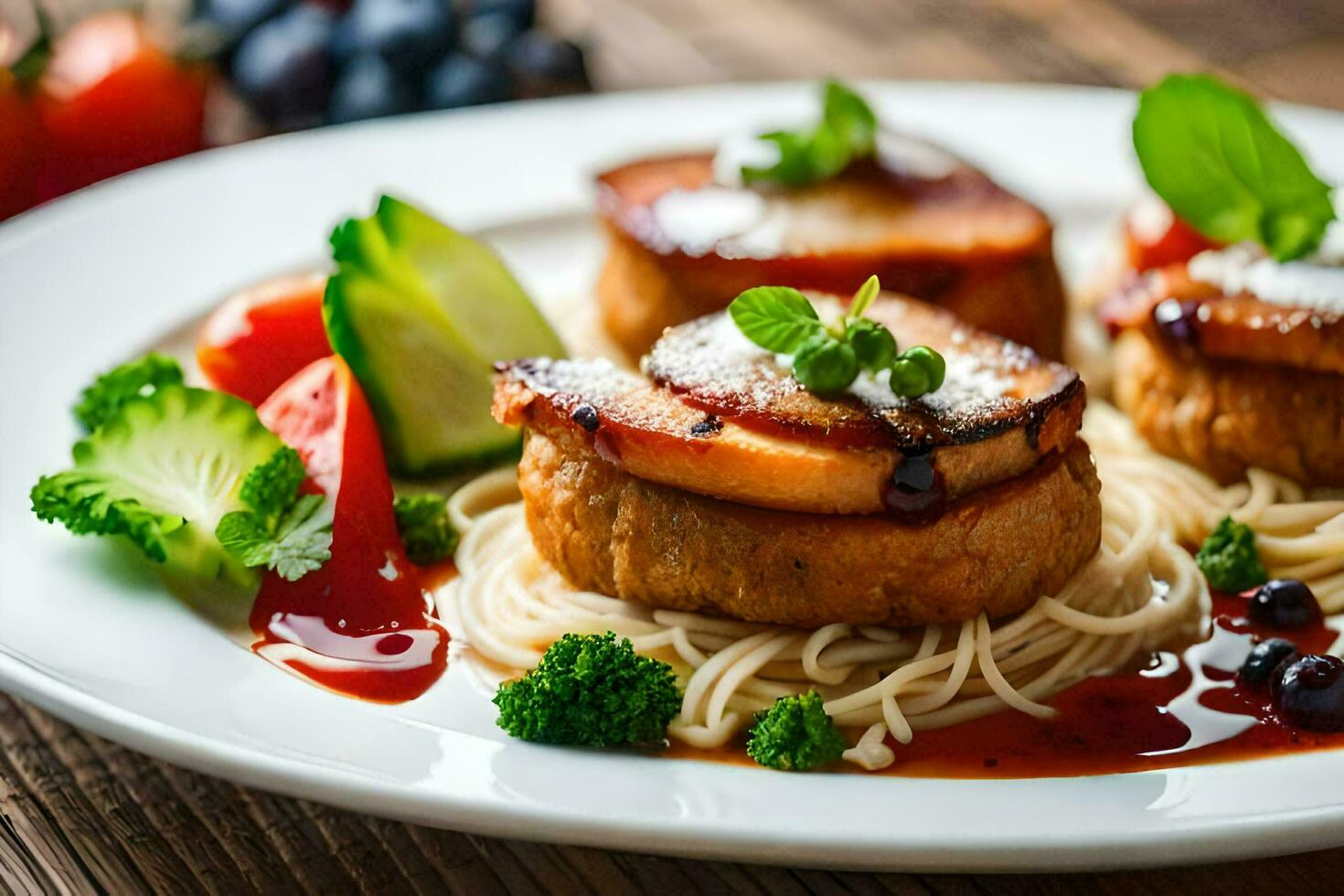 three pieces of meat on a plate with sauce. AI-Generated photo
