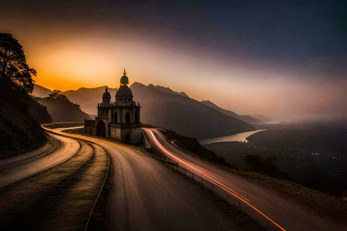 a road leading to a church at sunset. AI-Generated photo