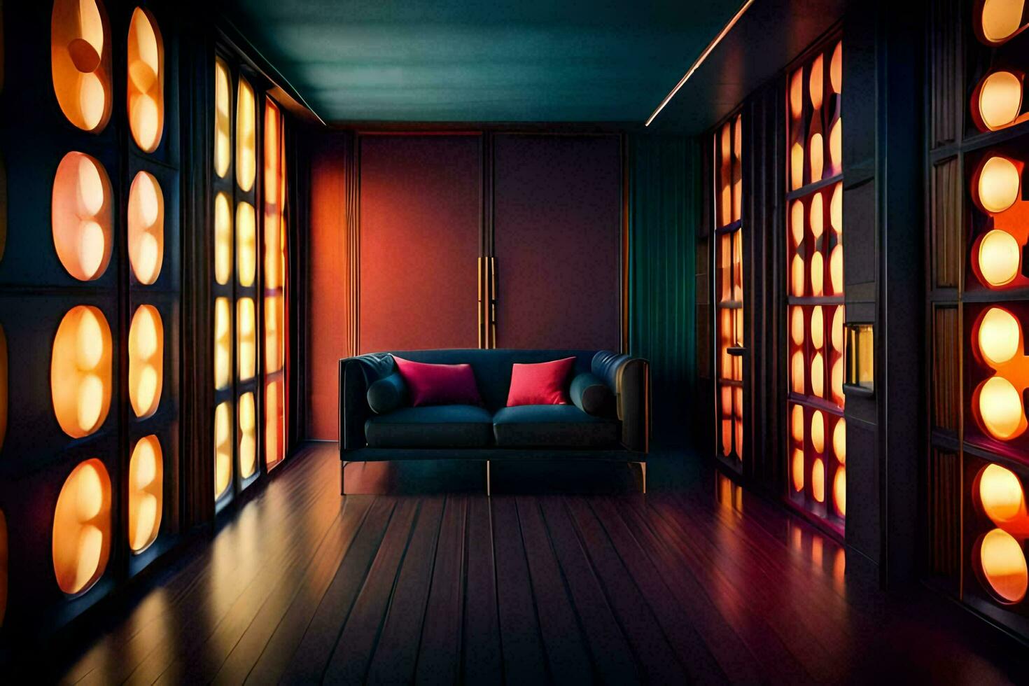 a room with a couch and a wall of windows. AI-Generated photo