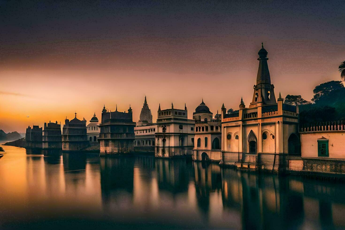 the sunset over the lake in india. AI-Generated photo