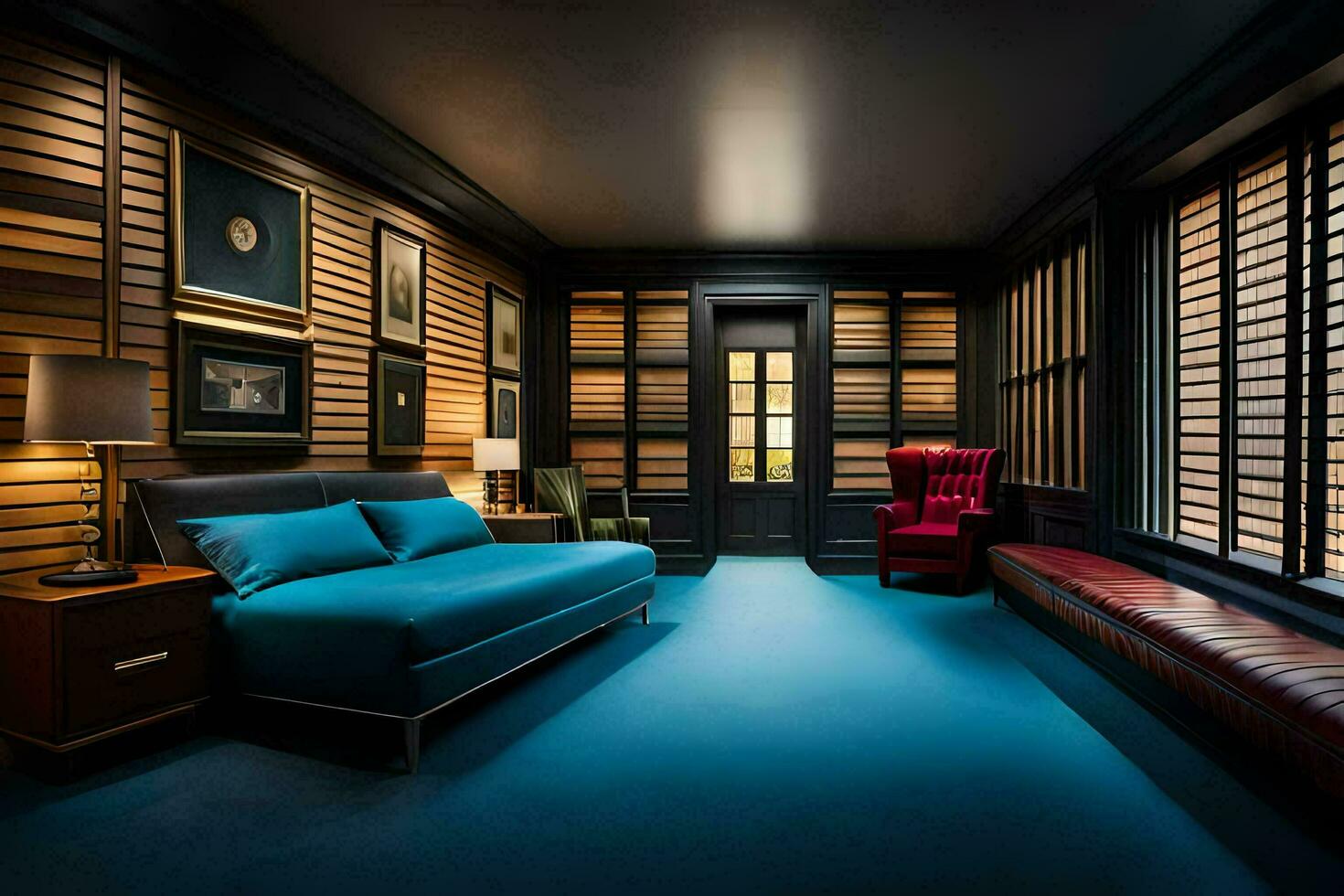 a bedroom with blue carpet and wooden walls. AI-Generated photo