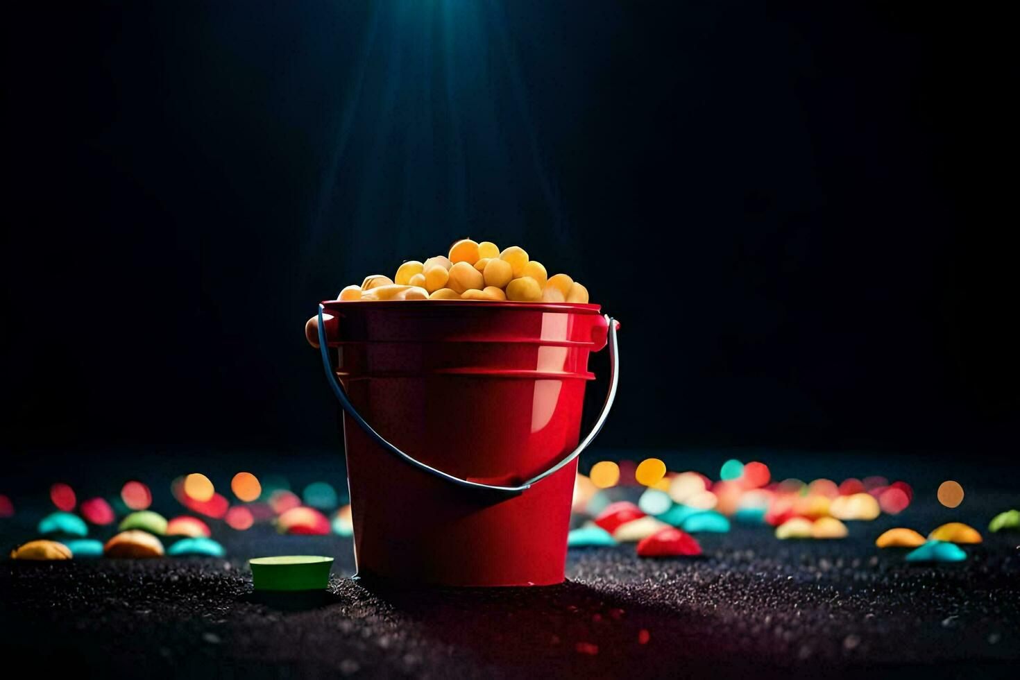 a red bucket filled with popcorn and candy. AI-Generated photo