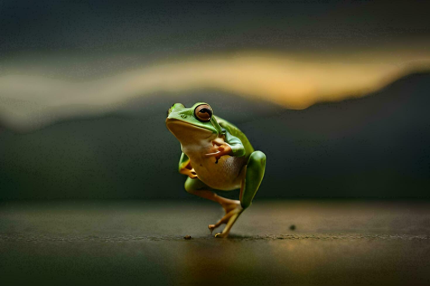 a frog is standing on its hind legs on a dark background. AI-Generated photo