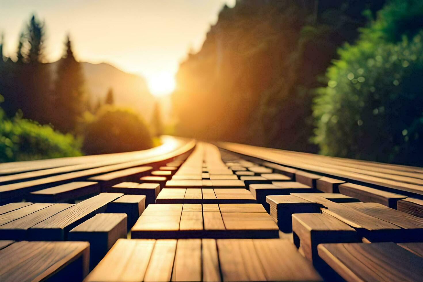 a wooden track with the sun setting behind it. AI-Generated photo