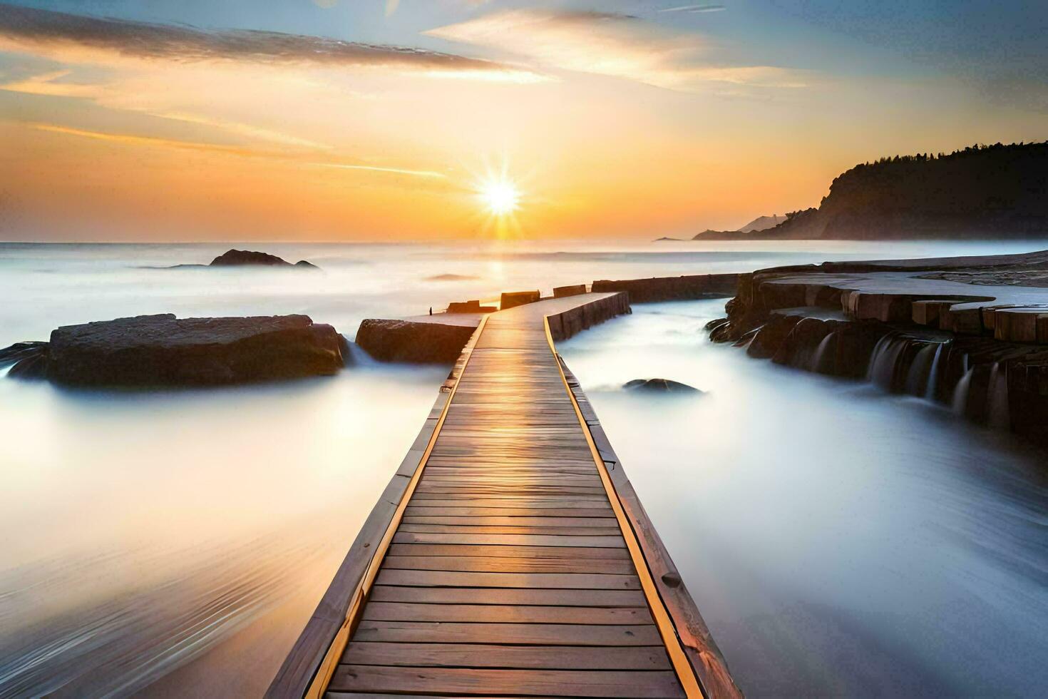 a wooden boardwalk leads to the ocean at sunset. AI-Generated photo