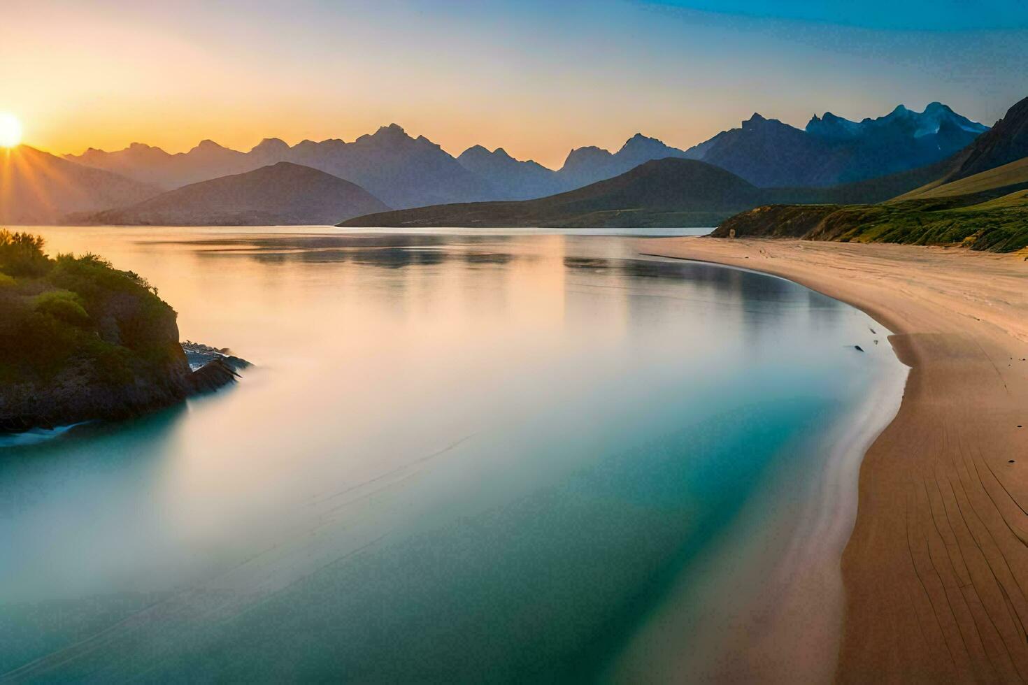 a beach and mountains at sunset. AI-Generated photo