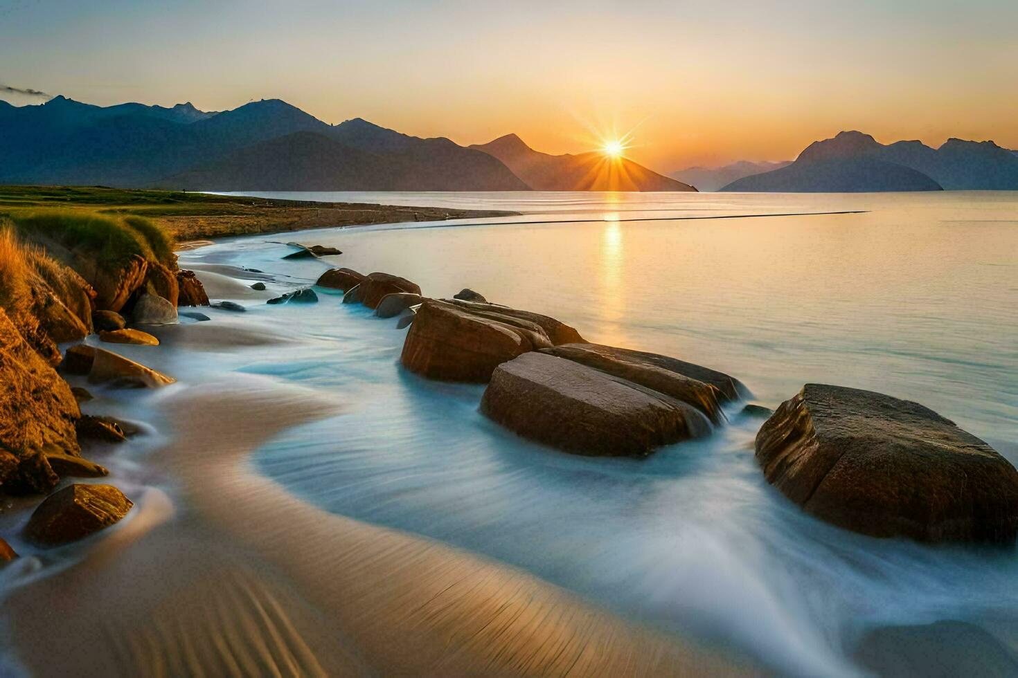 the sun rises over the ocean and rocks in the foreground. AI-Generated photo
