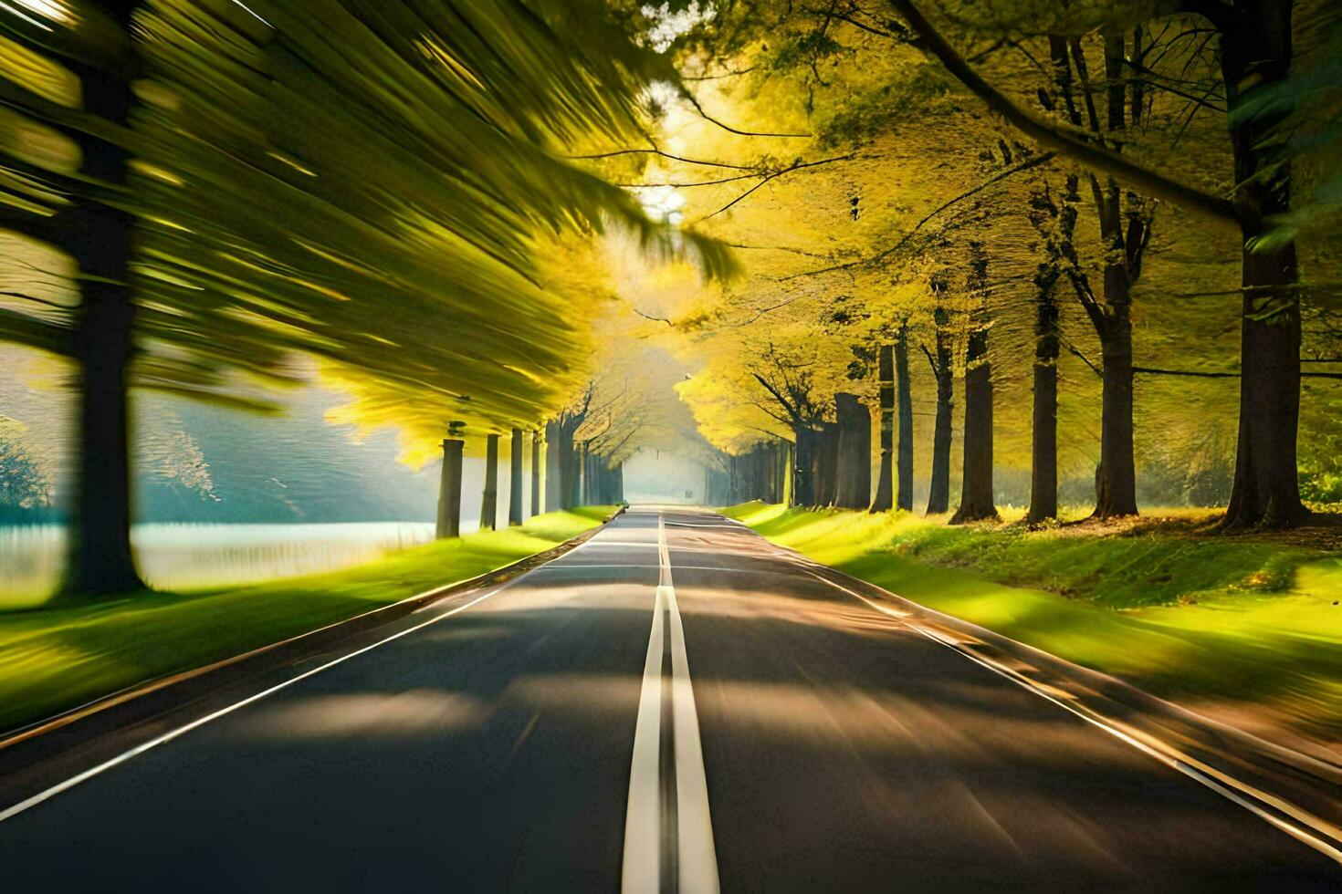 a long road with trees and trees in the background. AI-Generated photo