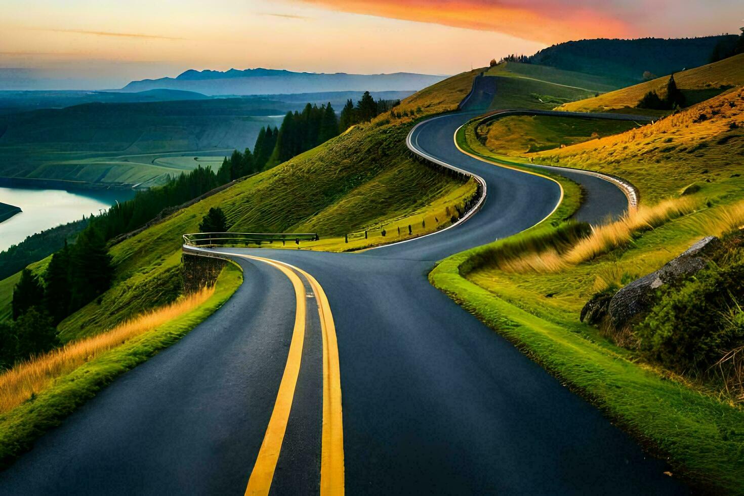 a winding road with a sunset in the background. AI-Generated photo