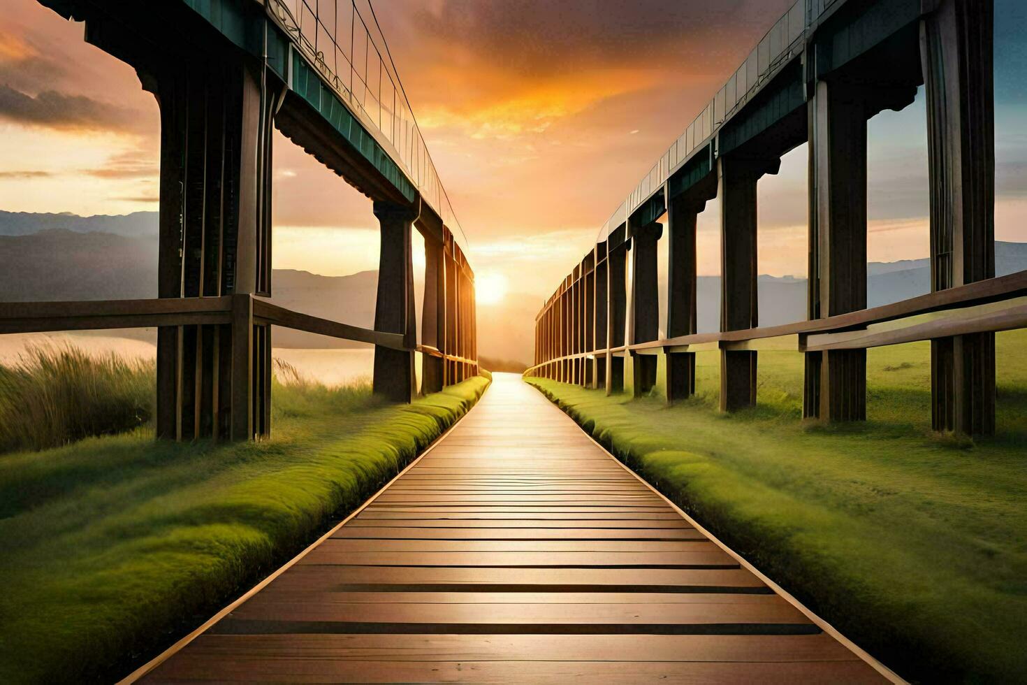 a wooden bridge over a river with a sunset in the background. AI-Generated photo