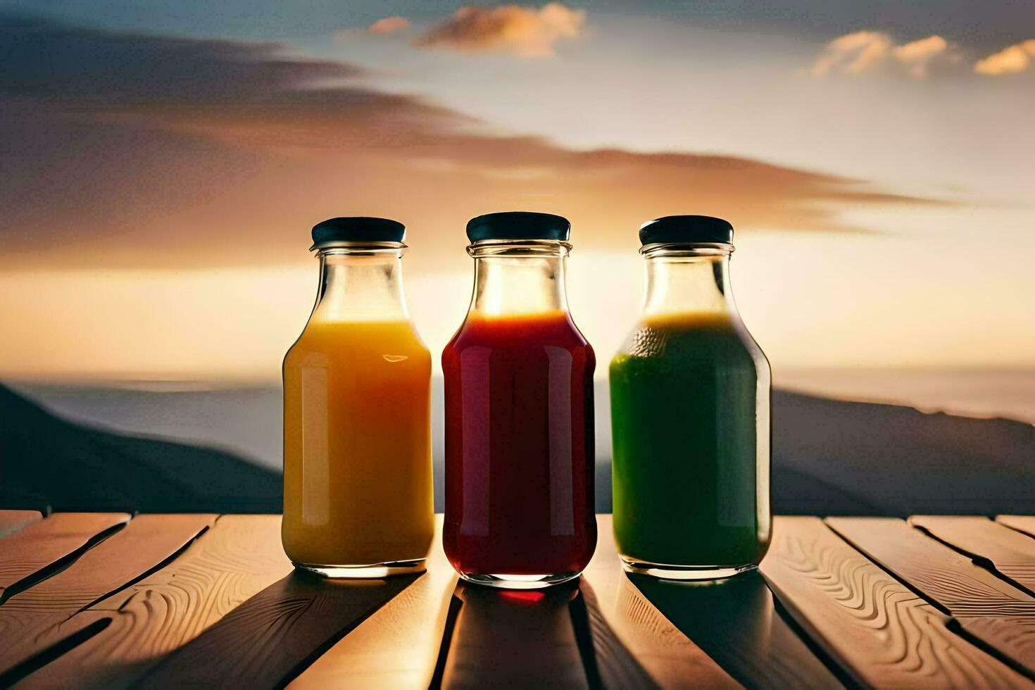 Tres botellas de jugo sentado en un mesa con un puesta de sol en el antecedentes. generado por ai foto