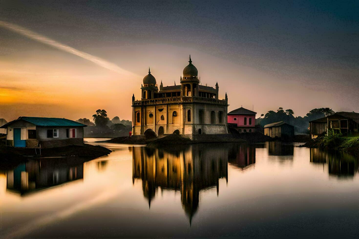 un hermosa puesta de sol terminado un lago con un Iglesia en el antecedentes. generado por ai foto