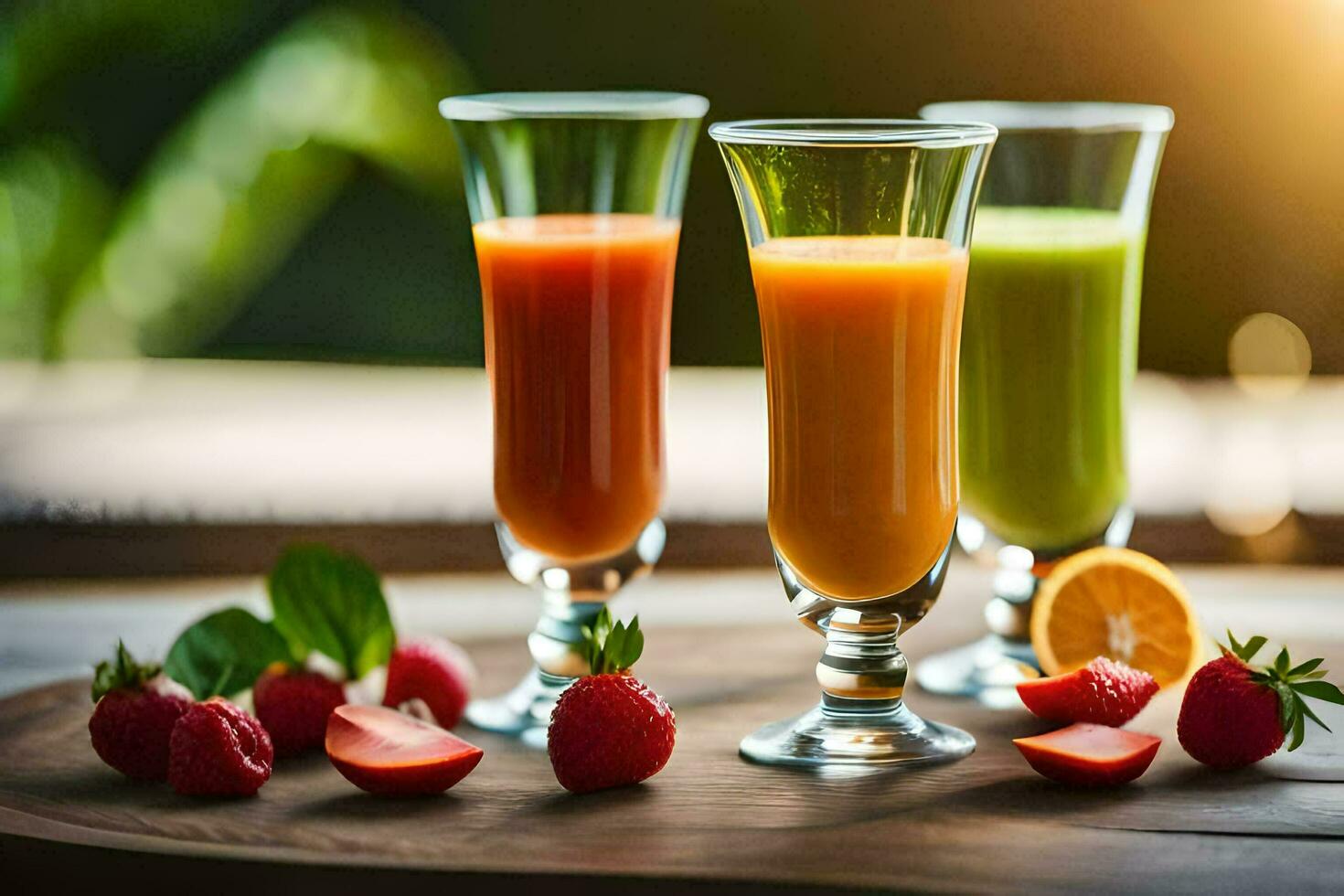three glasses of juice with strawberries and oranges. AI-Generated photo