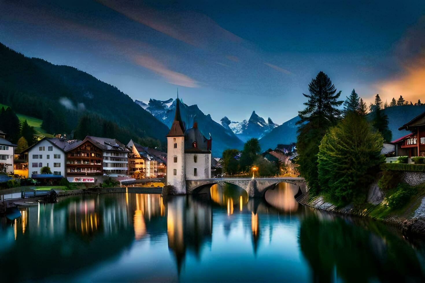 photo wallpaper the sky, mountains, lake, switzerland, the city, switzerland, the. AI-Generated