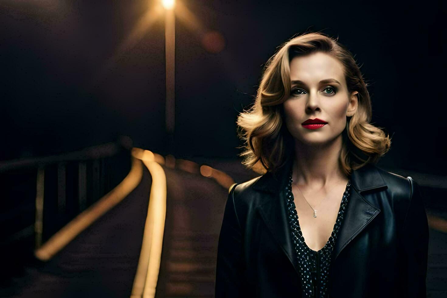 a woman in a black leather jacket standing on a bridge at night. AI-Generated photo
