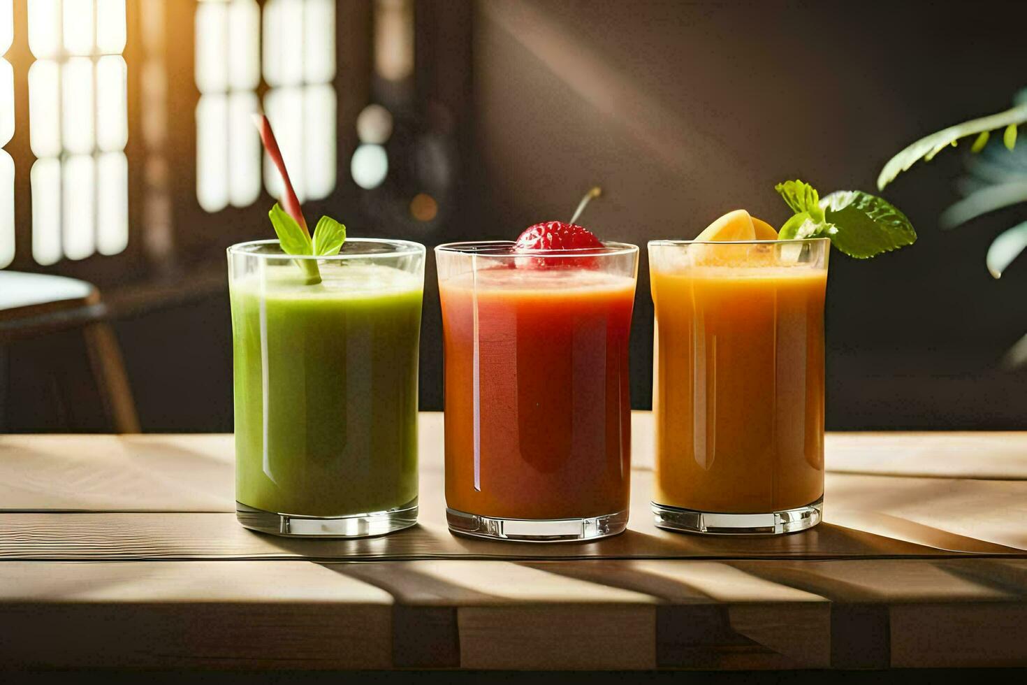 three different juices in glasses on a table. AI-Generated photo