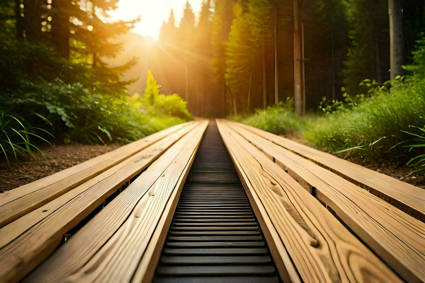 a wooden track in the middle of a forest. AI-Generated photo