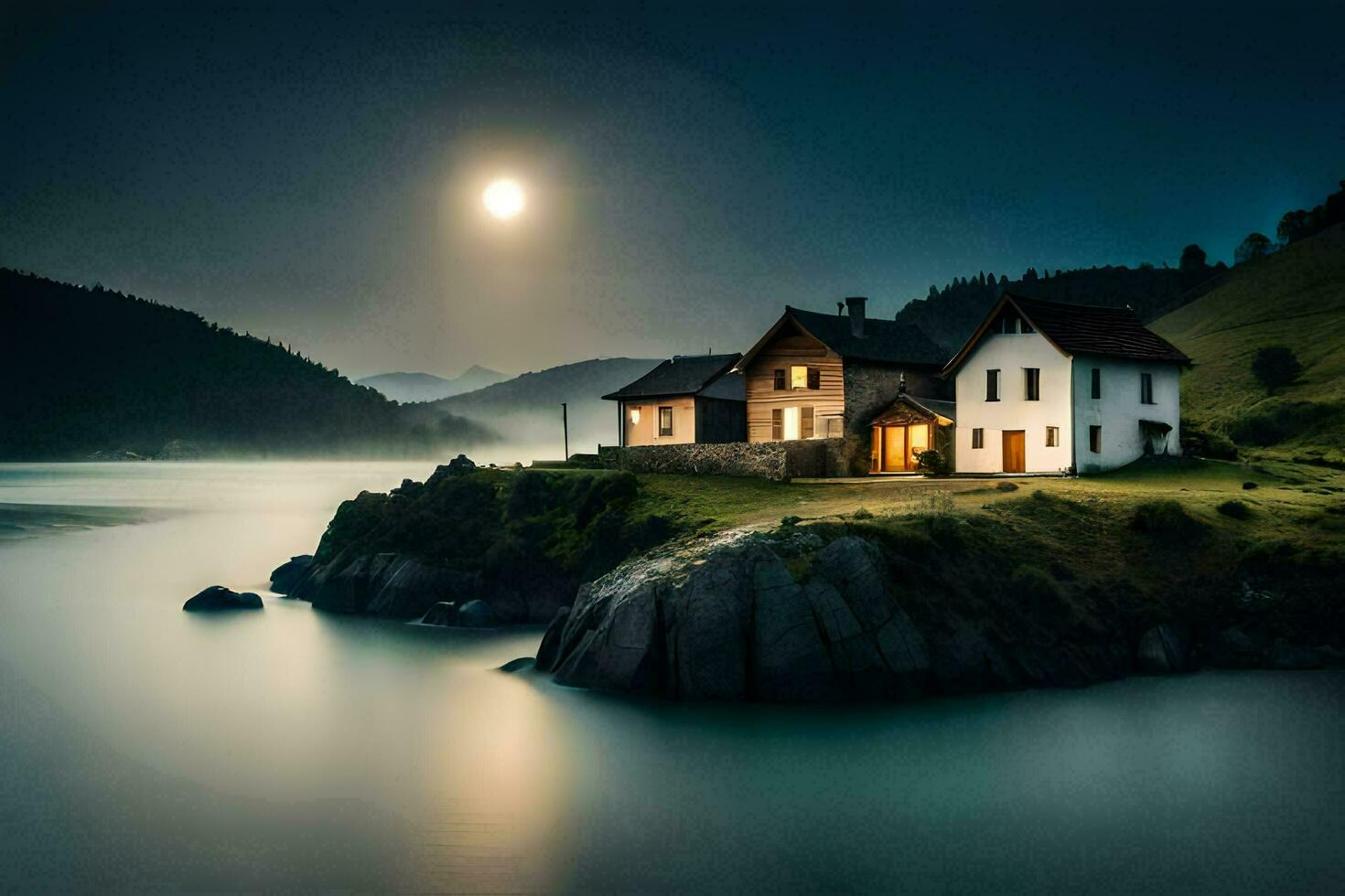 a house on a small island in the middle of a lake. AI-Generated photo