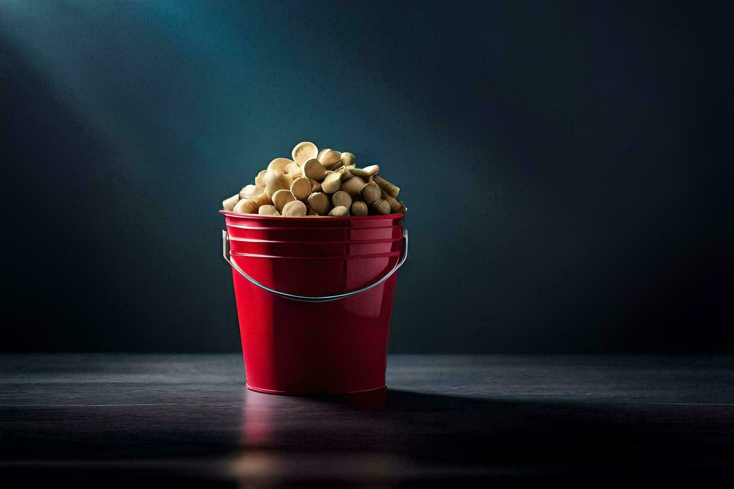 a red bucket filled with peanuts on a dark table. AI-Generated photo